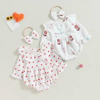 Ново бебе момиче боди 2бр есенни тоалети дълъг ръкав сърце/цветен печат Playsuit с лента за глава комплект бебе случайни пролетни дрехи