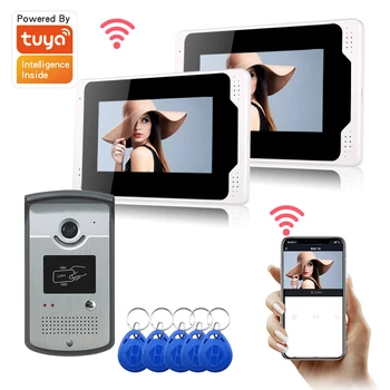 Yobang сигурност видео домофон 7 инчов LCD Wifi кабелна видео врата телефон звънец 1 камера 2 монитор KIT Tuya APP RFID отключване
