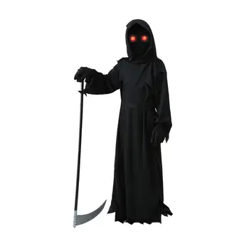 Хелоуин Мрачен жътварски костюм Комплект косплей Детска страшна качулка със светещи червени очи Мрачен жътварски костюм халат за парти услуга