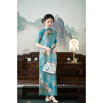 Summer китайски стил жени елегантен печатни памук бельо ретро Qipao закопчана хлабав син традиционен Cheongsam дълга рокля халат