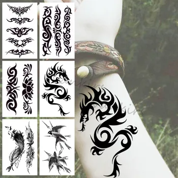 Tribal Dragon Totem Временни татуировки за жени Мъже Реалистични пера Колибри Lotus фалшив татуировка стикер ръка тяло Tatoos
