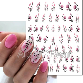Стикери за нокти Розоворозови цветя Акварелни пъпки Цветя обратно лепило нокти стикери за нокти съвети красота