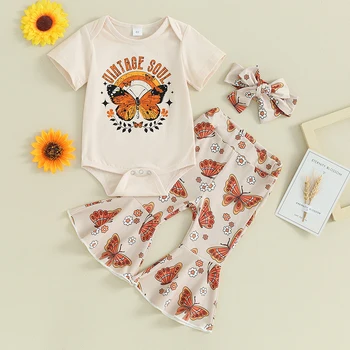 Малко дете бебе момиче летни дрехи новородено къс ръкав писмо гащеризон участък звънец дъна облекло с лента за глава