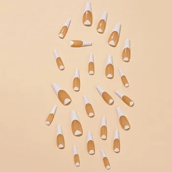 Оранжеви полупрозрачни дълги фалшиви нокти Лъскави нокти Проектирани нокти с френски съвети за парти запознанства и сватба