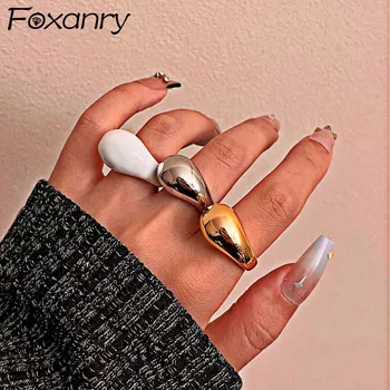 Foxanry минималистичен сребърен цвят парти пръстени за жени двойки нова мода творчески дизайн вода капка геометрични ръчно изработени бижута