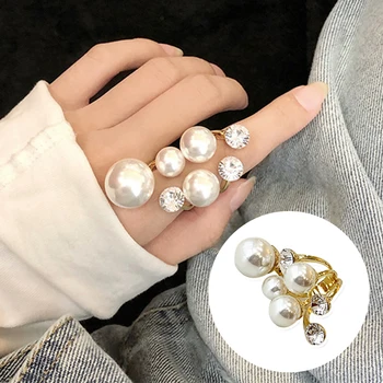Елегантни ретро извънгабаритни мулти перлени пръстени за жени Lady лъскав кристал кристал нередовни корейски чар пръстен сватбени бижута