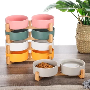 Pet bowl-385432 с дървена рамка против разливане домашен любимец керамична двойна купа куче и котка храна вода фидер
