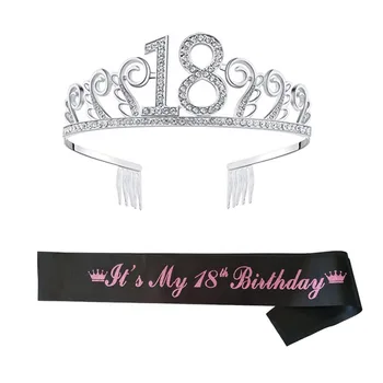 18-ти рожден ден Crown Queen Sash Sparkly Metal Headdress Pink Satin Sash Decorations 60th Birthday Cake Topper