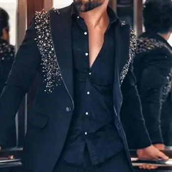 Луксозно рамо диаманти черни сватбени костюми за мъже тънък годни официален младоженец смокинги 2 бр комплекти елегантен блейзър + панталони костюм Homme