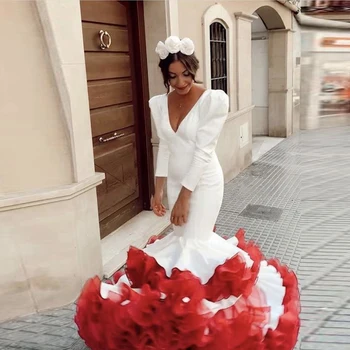 Бели и червени абитуриентски рокли Сатенени дълги ръкави къдри Tiered Palace русалка вечерни рокли Flamenca vestidos de cóctel