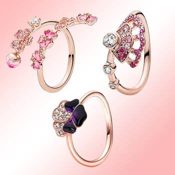 14k Розово позлатено розово и дълбоко лилаво цвете пръстен Pandora Sparklin отворени пръстени за жени класически и романтични бижута подарък