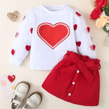 1-5T Бебе момиче Ден на Свети Валентин пола облекло малко дете дете дрехи окото дълъг ръкав сърце ризи Топ колан пола комплект