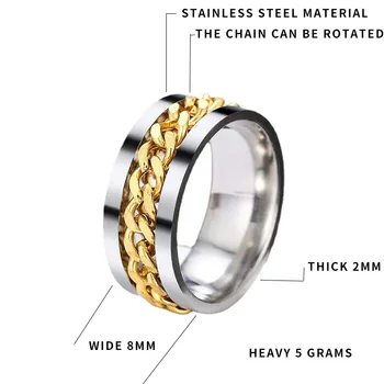 8mm НОВ Cool неръждаема стомана въртяща се верига пръстен за мъже полиран черен рок пънк бижута подарък цялата продажба