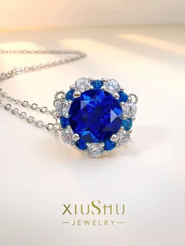 Desire Fashion Versatile Daily Simple Sterling Silver Royal Blue Treasure Pendant Set with High Carbon Diamonds for Small Women