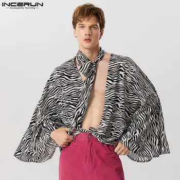 INCERUN Върхове 2023 Модни нови мъже зебра печат v-образно деколте ризи случайни хлабав удобен разкроен ръкав дълъг ръкав блуза S-5XL
