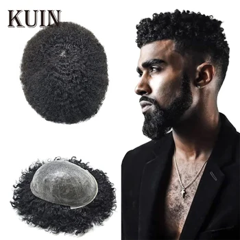 Къдрава коса кожа мъже Toupee трайни инжектиране Pu коса система за черни мъже човешка коса перуки мъжки коса протеза перуки за мъж