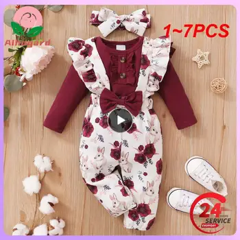 1~7PCS Prowow бебешки дрехи облекло комплекти дълъг ръкав червени ританки + флорални гащеризони панталони + лента за глава новородено бебе раждане комплекти за