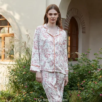 TXii Newlook [ОРАНЖЕВ ПЕЧАТ] Ледена копринена пижама Дамски висок клас Sense ins стил ревера пролет и лято дълъг ръкав домашен костюм