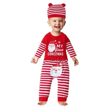 Новородено Коледа облекло момче 3PCS дълги ръкави боди панталони и шапка червено и бяло райе зимата облекло комплект топло и уютно