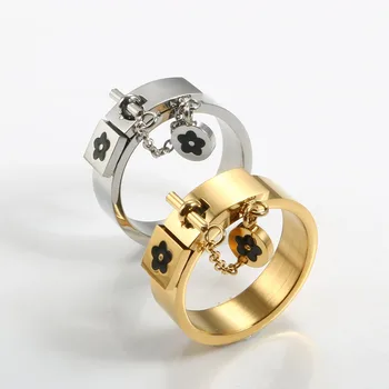 Луксозно златно покритие пръстен от неръждаема стомана Лъки цвете чар пръстени бижута подарък за жени момичета сватбено парти пръст пръстени
