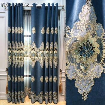 европейски стил луксозна вила Blue Chenille бродирана завеса завършена по поръчка завеси за всекидневна трапезария спалня