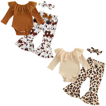 Бебешки дрехи за бебета момичета 3 парчета облекло дантела къдри трикотажни оребрени гащеризон леопард цветен печат фланелки панталони лента за глава комплект