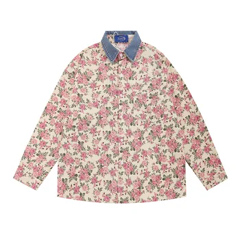 Мъжки Хонг Конг стил ретро шик флорални ризи ризи пролет есен ревера дълъг ръкав хлабав случайни риза яке мъжки дрехи