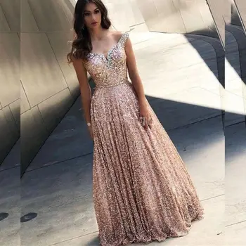 Lorencia Pink Long Prom Dress Full Sequins Beaded A Line Tulle Formal Party Special Occasion Dress Robe Longue Femme Soirée YPD7