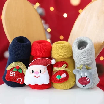 Бебе есен-зима вълна кръг удебелени топло карикатура новородено бебе етаж чорапи Коледа червени детски чорапи