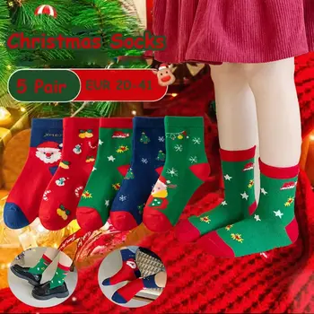 5 двойка Дядо Коледа деца коледни чорапи лосове памук средата тръба чорапи кърпа аксесоари корейски стил карикатура трикотаж момичета