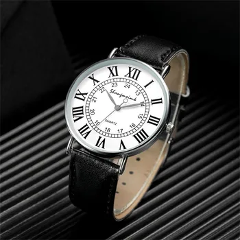 Модни ежедневни мъжки часовници Прост уникален двуцифрен кръгъл циферблат кварцови часовници кожена лента ръчен часовник за мъже
