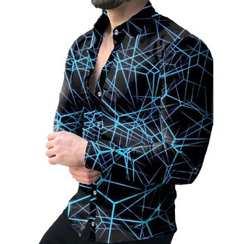 Мъжка фитнес риза с дълъг ръкав и 3D графика, подходяща за ежедневно и парти облекло Лесен за носене бутон надолу стил