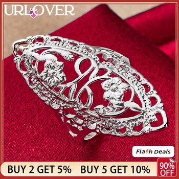 925 Печат сребърен цвят кухи издълбани модел широк пръстен за жени популярни разкошен бижута банкет парти сватбени аксесоари подарък