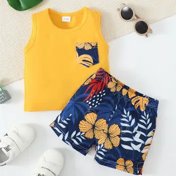 3-24 месеца бебе момче дрехи комплект лято без ръкави джоб тениска шорти 2PCS малко момче случайни облекло костюм плаж комплект