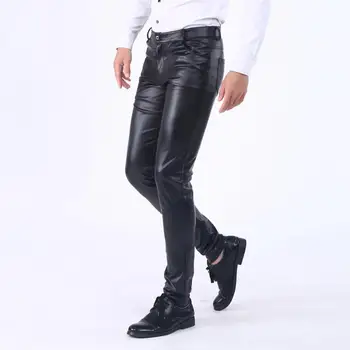 Мъжки панталони за клубно облекло Стилни мъжки панталони от изкуствена кожа с джобове Дишащи удобни средни талия за улично облекло