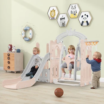 Детска пързалка и люлка 5 в 1, детска площадка катерач слайд плейсет с баскетболен обръч свободностояща комбинация за баби