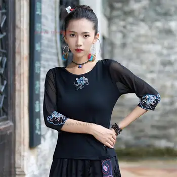 2024 китайска традиционна тениска национална цветна бродерия мрежеста ръкав риза китайски ханфу върхове ориенталски о-образно деколте база риза