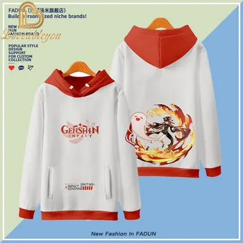 Нов Genshin въздействие качулки Hutao косплей костюм 3d сива врана карикатура момчета момичета аниме цип качулка панталони