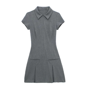Пролетна елегантна рокля Midi за жени Сив тънък ревер нарязани пачуърк офис дама Bodycon женски Daily Basic Traf Ruffle Нов през 2024