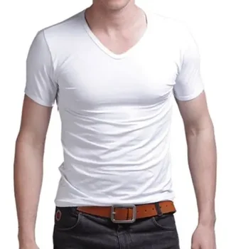 A2389 Лятна гореща продажба тениска нови мъжки V врата върховете тениска тънък годни къс ръкав плътен цвят случайни тениска