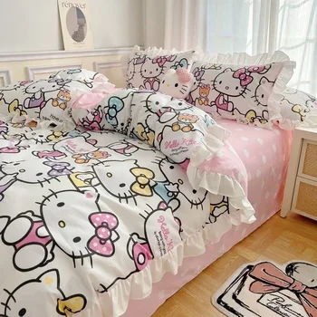 4PCS 1.5m / 1.8m легло Sanrio памук легла карикатура аниме удобен домашен текстил Hello kitty двойно легло спално бельо