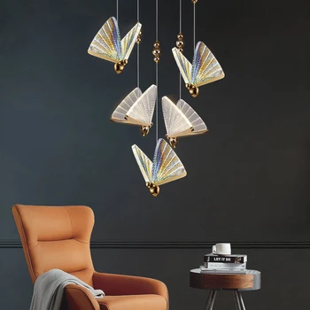 Вътрешна пеперуда Златни LED висящи лампи Висящо осветление за нощна трапезария Скандинавски интериор LED полилей таван светлина