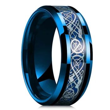 Моден викинг неръждаема стомана келтски дракон пръстени инкрустирани сини въглеродни влакна пръстени за мъже жени сватбена група бижута на едро