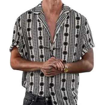 90s Реколта печат мъже ревера ризи нови случайни 2021 лято хлабав къс ръкав бутон риза върховете Мъжко облекло Мода Улично облекло