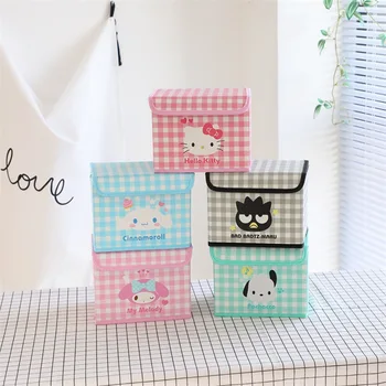 Sanrio Hello Kitty Cartoon Cute Kuromi Plaid Leather Desktop Storage Box Flip Cover Cosmetics Student Stationery Storage Box