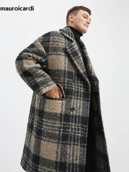 Mauroicardi есен зима дълго хлабав стилен дебел топъл колоритен карирана вълна & смеси палто мъже двуреден подиум мода