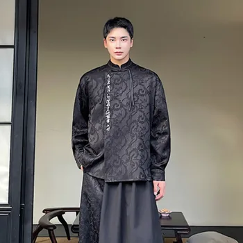 SYUHGFA Нова китайска стойка яка ризи мъже бутон тъмно бродерия калиграфия жилетка личност мъжки дрехи случайни отгоре