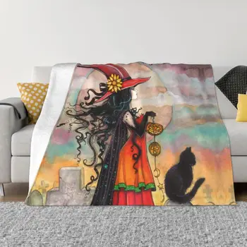 Хелоуин вещица и черна котка фантазия изкуство одеяла меки фланела лято окултни готически уикански хвърлят одеяло за диван дома легла