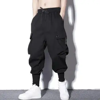 Мъжки карго панталони хлабав плътен цвят мулти-джоб шнур ластик случайни мъжки панталони