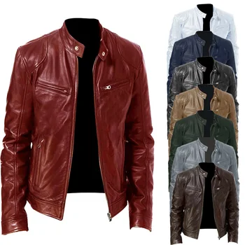 Мъжки мотоциклет кожено яке тънък годни кратко палто ревера PU якета есен нов цип стойка ветроупорен кожено палто мъжко облекло
